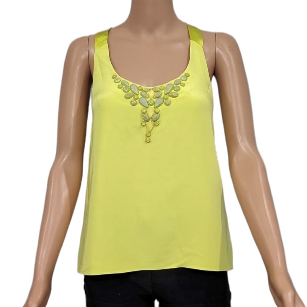 Rebecca Taylor Size 2 Silk Sleeveless Top Chartreuse Zip Back Rhinestone Collar‎